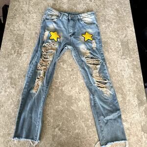 Star Patch Washed Distressed Straight Jeans- 30